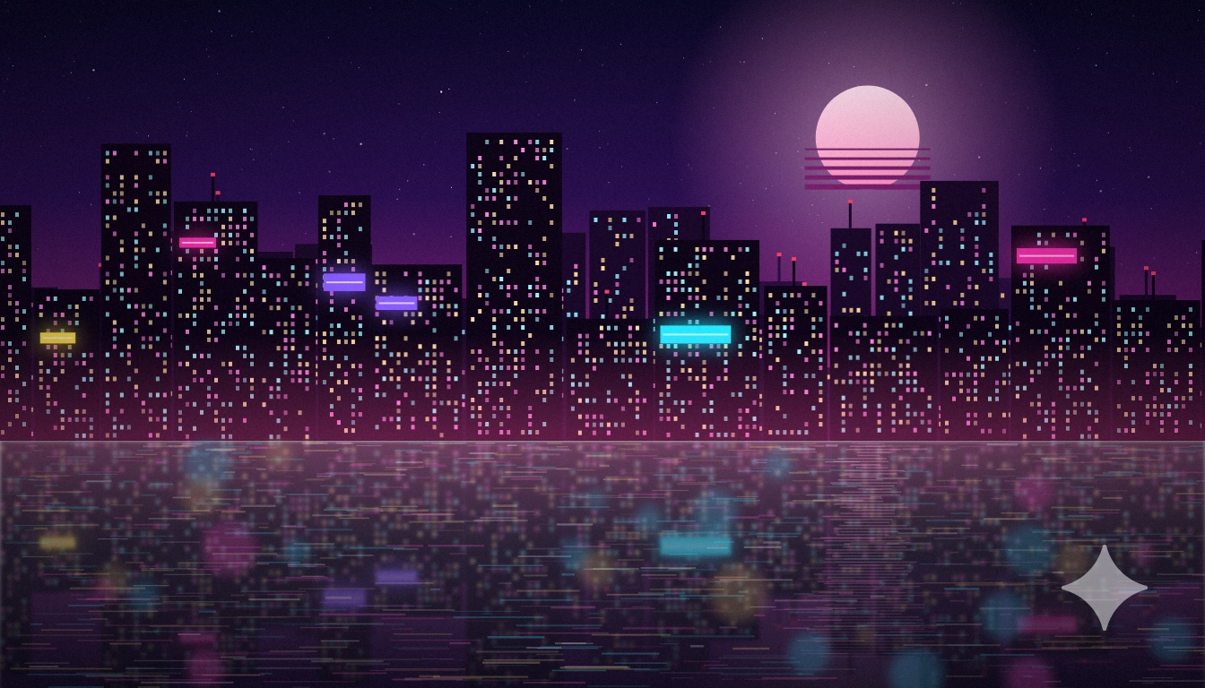 Neon city at night with the Gemini sparkle, with watermark